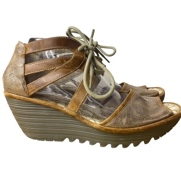 Fly London Yafi Lace Up Leather Wedge Sandals Brown Tan Sz 41 (EU) - Picture 2 of 9